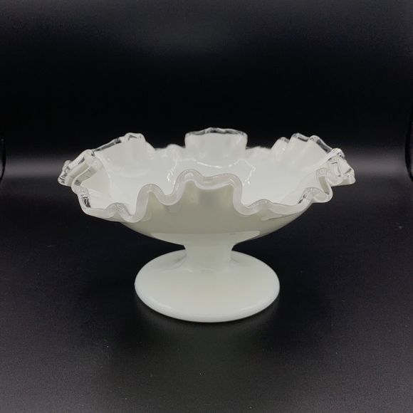 Vintage Fenton Silver Crest Milk Glass Ruffled Pedestal Compote Candy Dish Bowl - Picture 2 of 9
